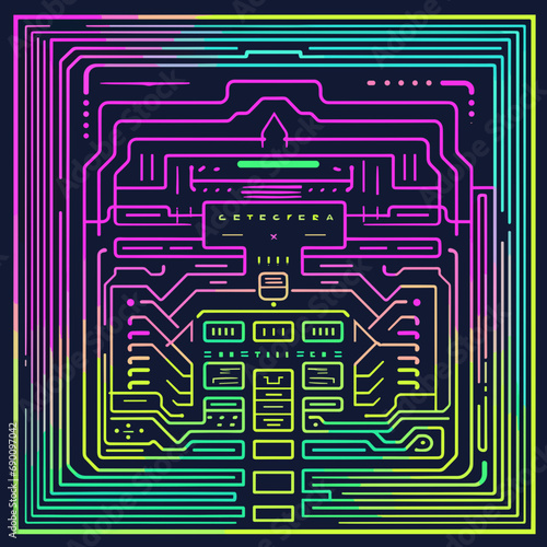 Colorful cyber circuit board. Neon futuristic technology abstraction - microcircuit vector illustration
