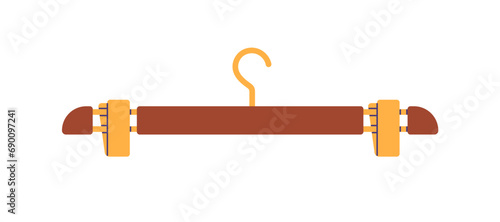 Empty trousers and pants hanger with clips. Wood accessory for garment storage. Wooden item with metal clamps, hook for hanging apparel. Flat vector illustration isolated on white background