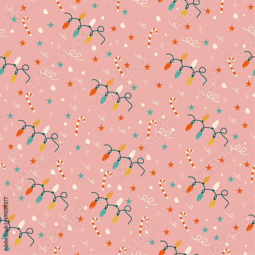 New Year's festive pink seamless pattern with lanterns and sweet cane. Christmas pattern with lights and candy cane, stars and snow