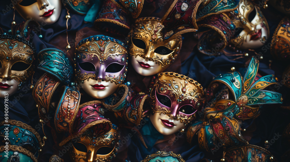 Top View of Carnival masks and carnival ornaments