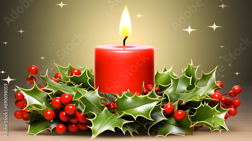 christmas candle with holly and berries rote Kerze mit Gesteck
