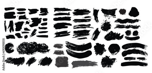 Big collection of black paint, ink brush strokes, brushes, lines, grungy. Dirty artistic design elements, boxes, frames. Vector illustration. Isolated on white background. Freehand drawing. 