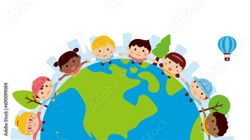 Vector illustration of children holding hands and looking up at the sky