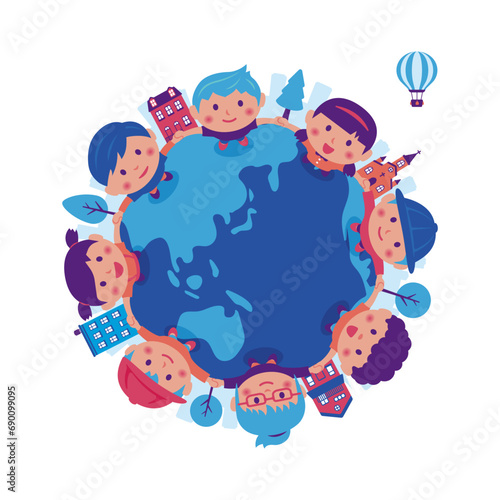 Vector illustration of children holding hands and looking up at the sky
