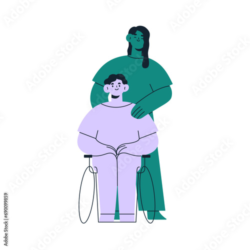 Happy love couple. Young woman and man sitting in wheelchair. Person with disability and female friend. Smiling teen characters portrait. Flat vector illustration isolated on white background
