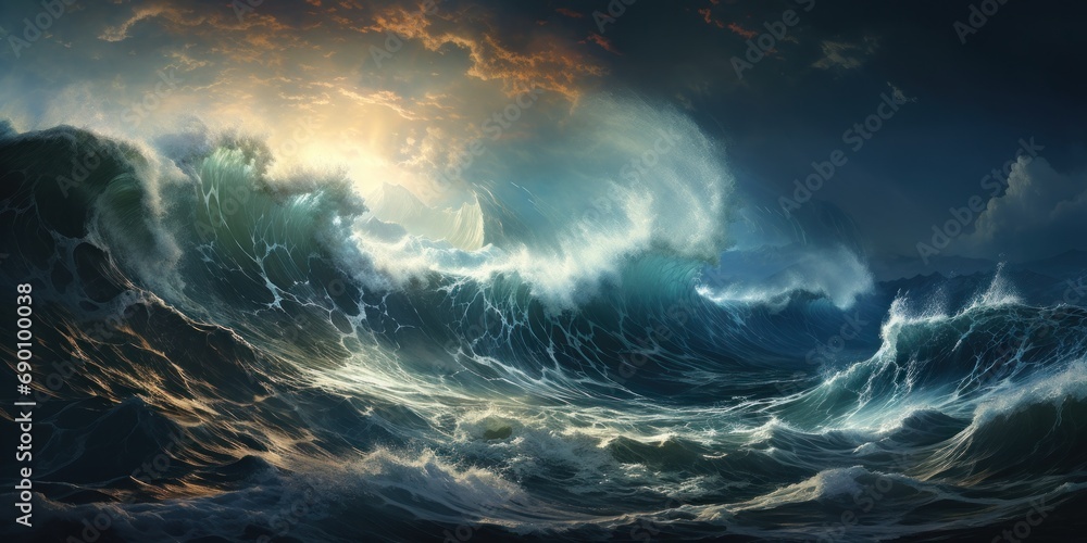 Enormous ocean waves during sunrise in the midst of a storm, banner, poster,