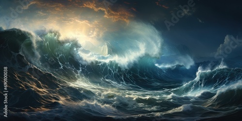 Enormous ocean waves during sunrise in the midst of a storm, banner, poster,