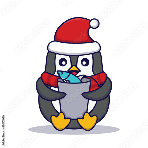 Cute Penguin Holding a Bucket of Fish Vector Cartoon Illustration Isolated On White Background