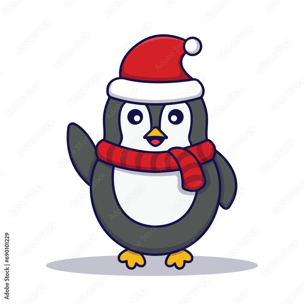 Fototapeta premium Cute Penguin Waving Vector Illustration Isolated On White Background