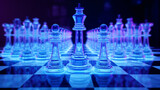 Bright neon blue chess pieces on board, 3D render, Perfect for chess school wallpaper, Interactive and creative, AI Generated