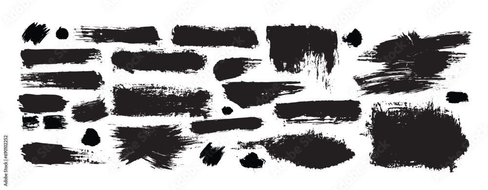 Big collection of black paint, ink brush strokes, brushes, lines, grungy. Dirty artistic design elements, boxes, frames. Vector illustration. Isolated on white background. Freehand drawing.
