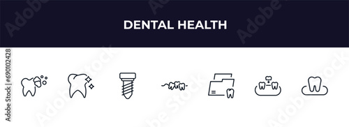 outline icons set from dental health concept. editable vector included tooth cleaning, tooth whitening, implant fixture, malocclusion, dental folder, overdenture, occlusal icons.
