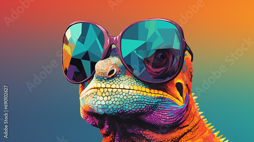 Chameleon with sunglasses against solid color in faceted, Minimal and abstract vector style, Suitable for panoramic digital art, AI Generated