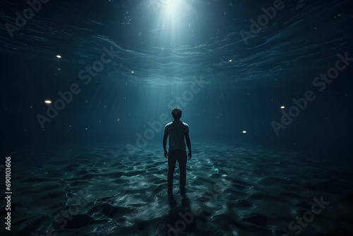 Man in moonlight at the bottom of sea photo