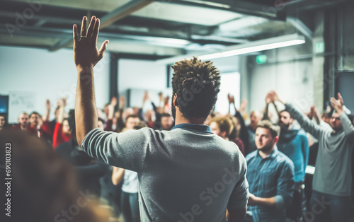 Expression opinion or power of voice concepts with group person raising hand.cooperation of teamwork voting and agreement of organization direction.confidence of human mindset.business ideas photo