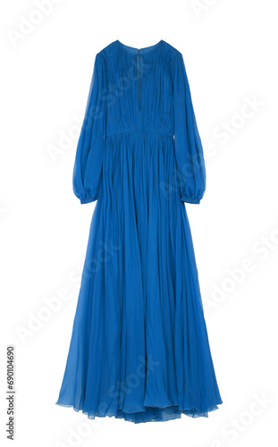 blue maxi dress, fitted, long sleeves, floor-length, with a zipper on the back and a cutout on the chest, light and flowy, isolated on transparent or white background, png
