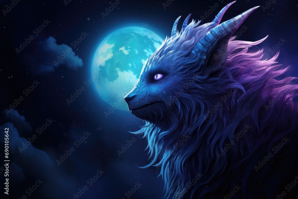 A blue and purple werewolf with glowing eyes. Generative AI.