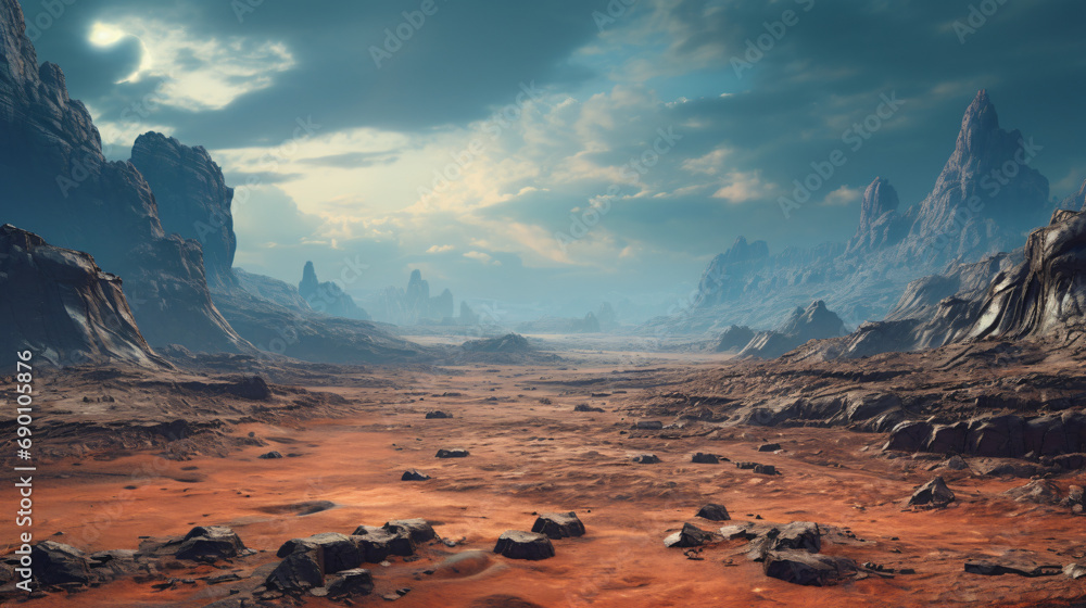 Wide-angle shot of an alien planet landscape