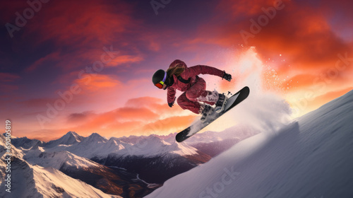 Snowboarder in red jumps off a snowy mountain. Generative AI.