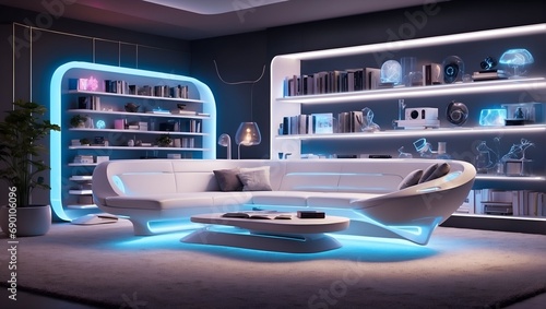 A futuristic living room with holographic furniture, ambient LED lights, and a floating bookshelf showcasing virtual books.