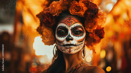 Beautiful woman in traditional attire for Day of the Dead celebration