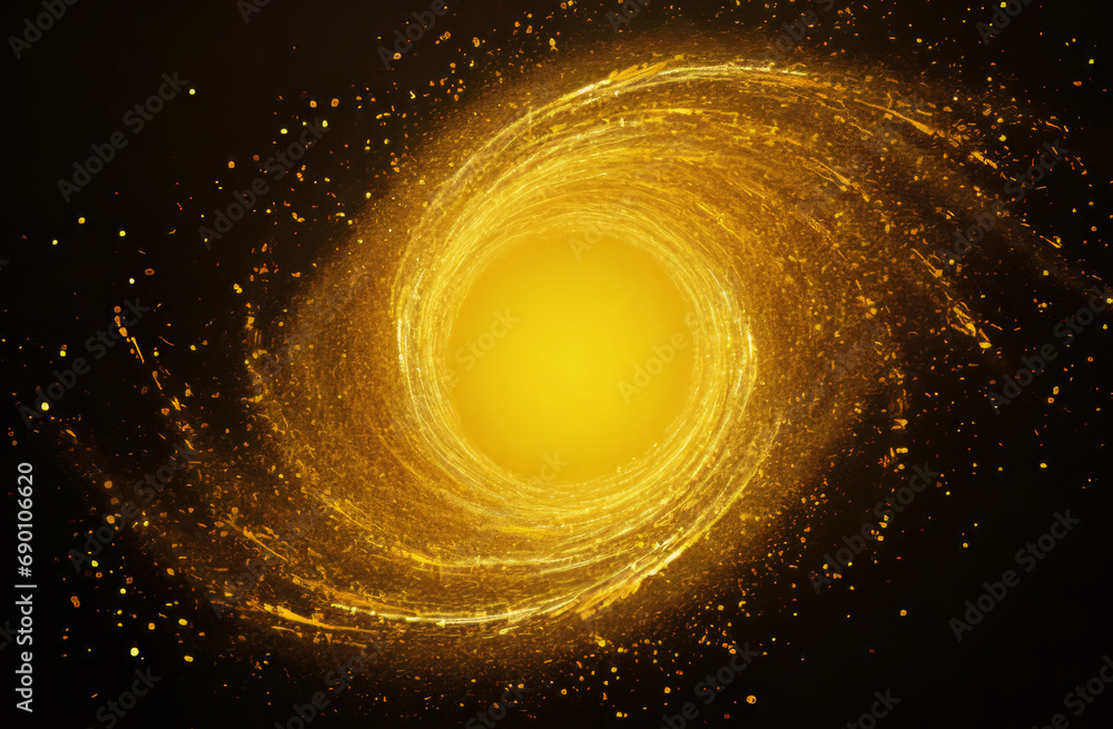 Golden glittery dust swirl in black space as abstract background
