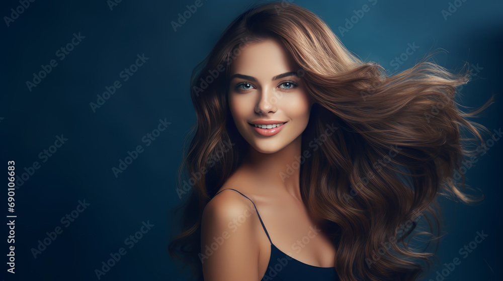 Portrait of a beautiful, sexy happy smiling woman with perfect skin and long hair, on a dark blue background, banner. Portrait of a beautiful, sexy happy smiling woman with perfect skin and long hair, on a dark blue background, banner.