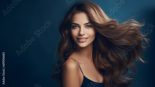 Wallpaper Mural Portrait of a beautiful, sexy happy smiling woman with perfect skin and long hair, on a dark blue background, banner. Torontodigital.ca