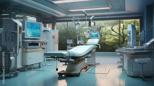 Modern operating room with operating table and new medical equipment