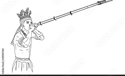 Cartoon illustration of man doing a blowgun demonstration in Amazon rainforest, Blowgun demonstration in Yasuni National Park, Ecuador sketch photo