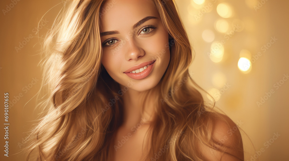 Portrait of a beautiful, sexy Caucasian woman with perfect skin and white long hair, on a golden background. Portrait of a beautiful, sexy Caucasian woman with perfect skin and white long hair, on a golden background.