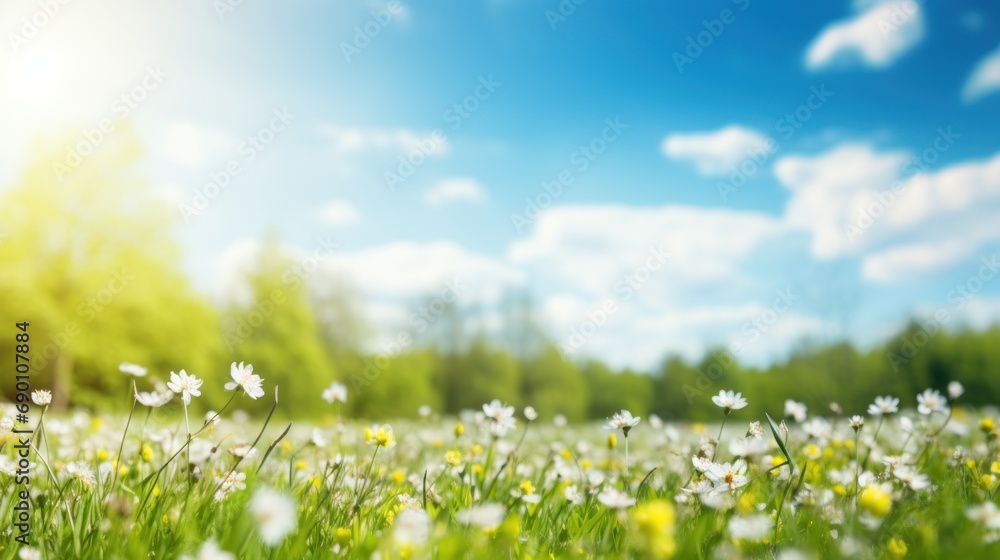 Beautiful blurred spring background nature with blooming glade, trees and blue sky on a sunny day.