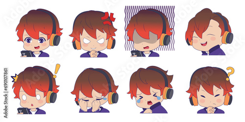 Cut Chubby Gamer Boy character Emotes Set Reactions vector illustration design for live streaming 