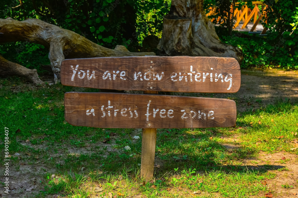 A sign informs visitors that they are now entering a stress free zone at Japod Islands, or Japodski Otoci, near Bihac in the Una National Park. Una-Sana Canton, Federation of Bosnia and Herzegovina