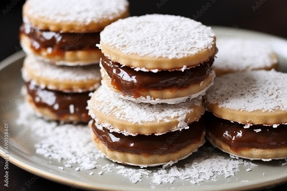 Indulge in Alfajores, soft and sweet sandwich cookies oozing with dulce de leche, and often enrobed in chocolate or dusted with powdered sugar. Indulge in Alfajores, soft and sweet sandwich cookies oozing with dulce de leche, and often enrobed in chocolate or dusted with powdered sugar.