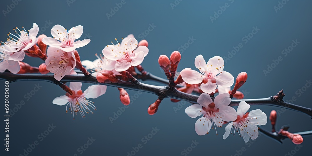 close up macro pink cherry blossom branch against blue background, Generative Ai