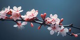 close up macro pink cherry blossom branch against blue background, Generative Ai