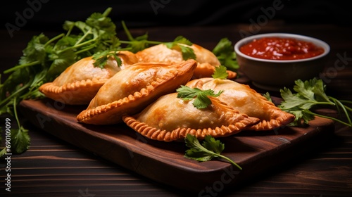 Artfully presented empanadas, baked or fried, filled with beef, chicken, corn, or cheese, captured in a beautiful minimalist style.