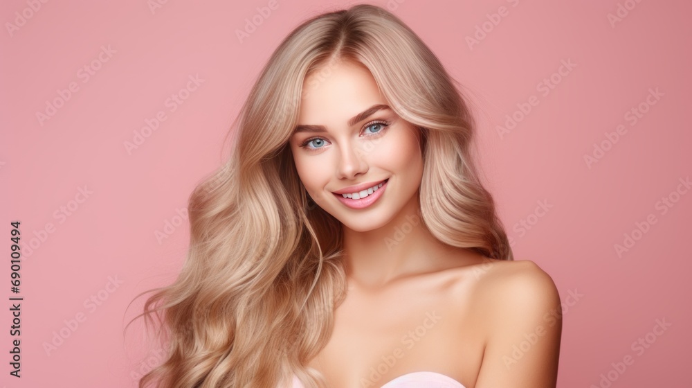 Portrait of a beautiful, sexy Caucasian woman with perfect skin and white long hair, on a pink background. Portrait of a beautiful, sexy Caucasian woman with perfect skin and white long hair, on a pink background.