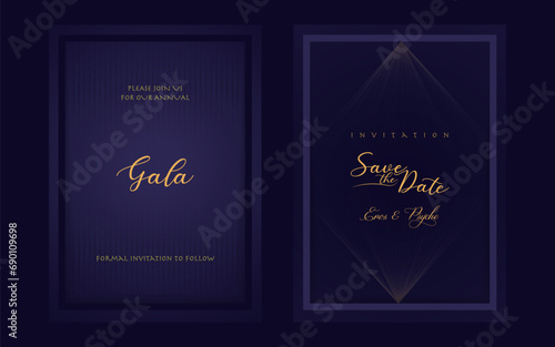 Luxury gala invitation card background vector. Golden elegant wavy gold line pattern on black background. Premium design illustration for wedding and vip cover template, grand opening.