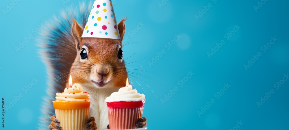 Happy Birthday, carnival, New Year's eve, sylvester or other festive celebration, funny animals card - Red squirrel with party hat and cupcake with candle isolated on blue background - obrazy, fototapety, plakaty 