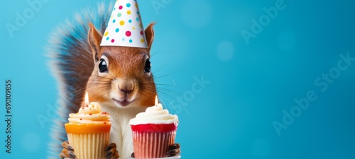Happy Birthday, carnival, New Year's eve, sylvester or other festive celebration, funny animals card - Red squirrel with party hat and cupcake with candle isolated on blue background