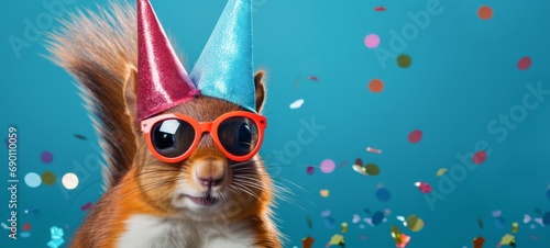 Happy Birthday, carnival, New Year's eve, sylvester or other festive celebration, funny animals card - Red squirrel with party hat and sunglasses on blue background with confetti photo