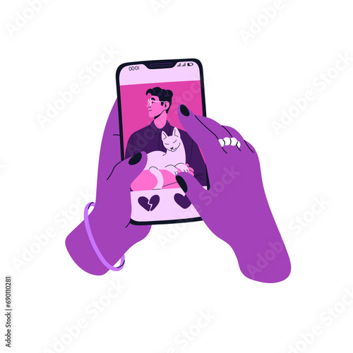 Woman hold smartphone in hands, search romantic partner in dating app. People swipe photo, make choice in date service. Online love, relationship. Monochrome flat isolated vector illustration on white