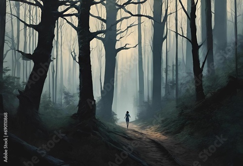 eerie woods, woman running away