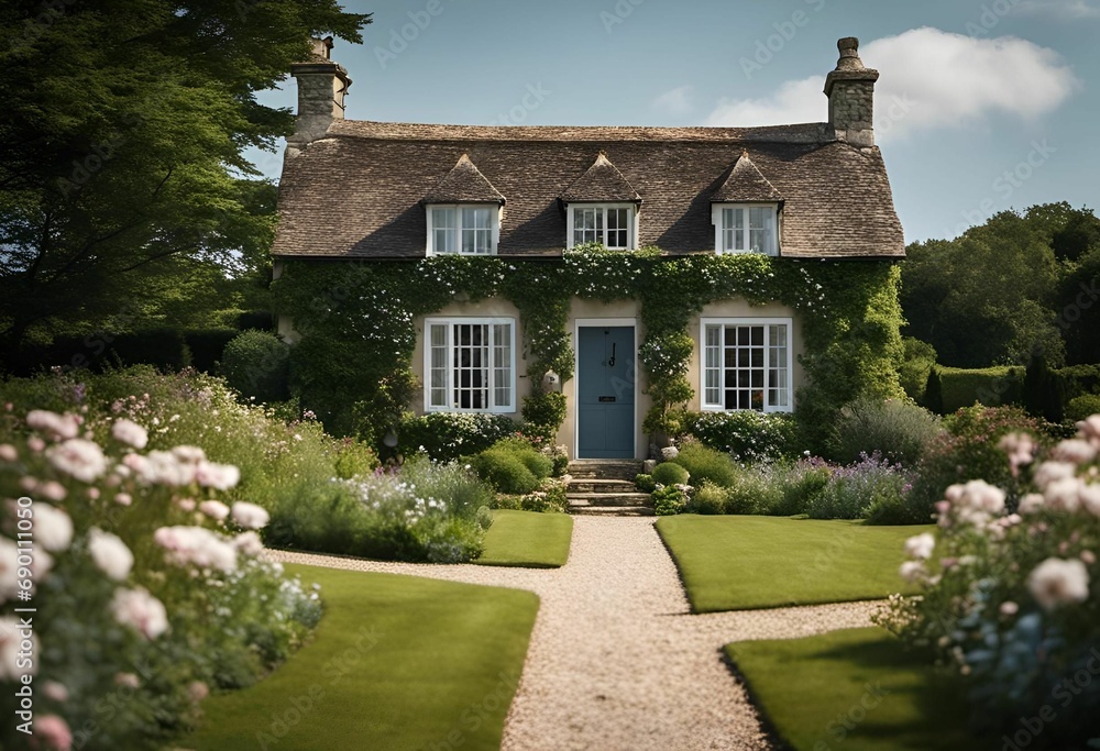 old english cottage, blue door, manicured garden, pale roses, 