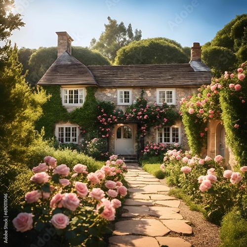 old English cottage with a lush garden
