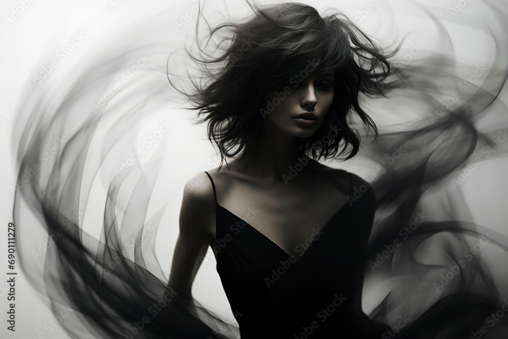 Beautiful woman with hair blowing in wind. Photo of beautiful woman with magnificent hair. Young brunette model with hair flying in the wind. Black and white mystical image.