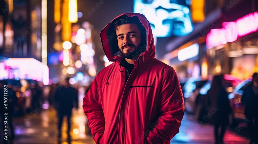 The Urban Voyager. A Man Embracing the Vibrant City Life in his Red Jacket The Urban Voyager. A Man Embracing the Vibrant City Life in his Red Jacket