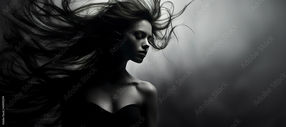 Beautiful woman with hair blowing in wind. Photo of beautiful woman with magnificent hair. Young brunette model with hair flying in the wind. Black and white mystical image.